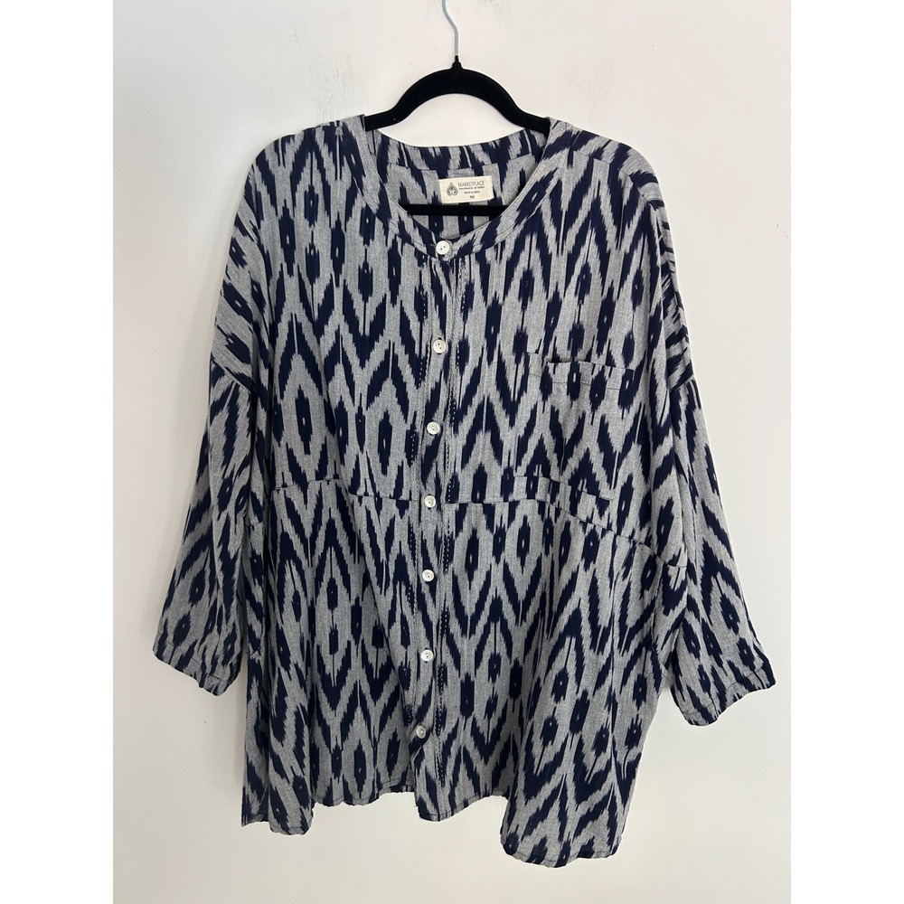 Marketplace Handwork of India Ikat Cotton Tunic Top Blue Grey 1W Plus Pocket